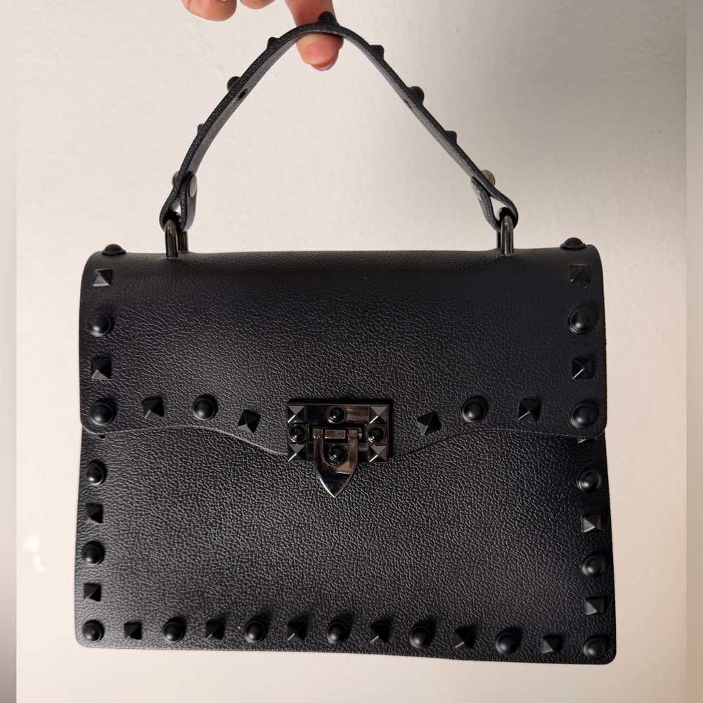 Black Studded Top Handle Bag | Edgy Chic Structured Handbag | Statement Purse